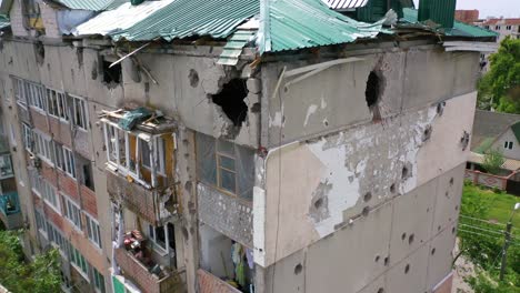 Aerial-Of-Makariv,-Ukraine-Bombed-And-Rocketed-Apartment-Buildings-During-Russian-Invasion-And-Occupation