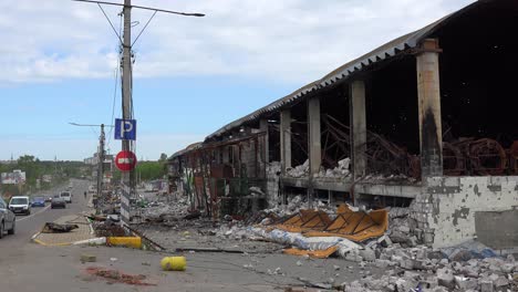 Bucha,-Ukraine---A-Shopping-Center-Was-Hit-And-Burned-By-Russian-Missiles