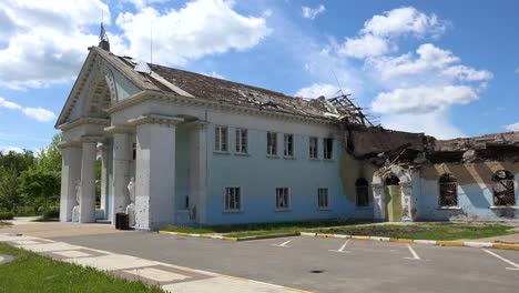 The-Devastated-Exterior-Of-The-Bucha-Concert-Music-Hall-In-Bucha,-Ukraine-Following-The-Russian-Invasion