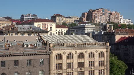 High-Angle-Establishing-Shot-Of-Khreshchatyk-Street,-Main-Boulevard-In-Downtown-Kyiv,-Kiev-Ukraine-With-Buildings,-Offices