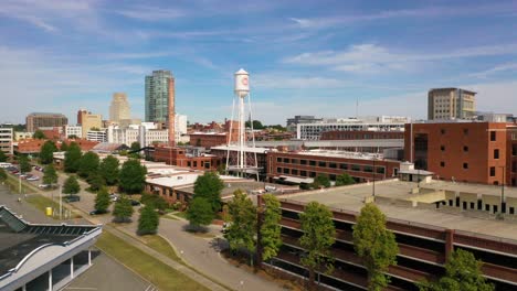 Beautiful-Aerial-Of-Downtown-Durham-North-Carolina-And-The-Lucky-Strike-Water-Tower