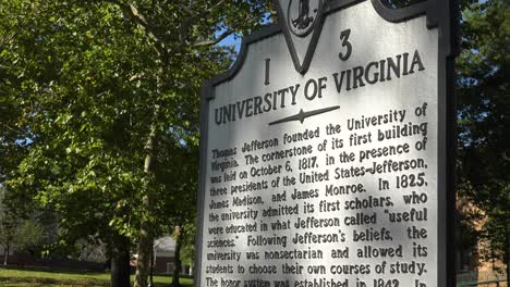 Establishing-Shot-Of-The-Rotunda-And-Historical-Sign-On-The-University-Of-Virginia-Campus