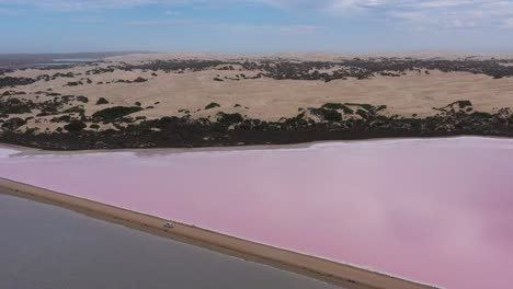 Excellent-Aerial-Shot-Of-Of-A-Car-Driving-Down-A-Road-Dividing-Lake-Macdonnell-On-Eyre-Peninsula,-South-Australia,-With-Brown-Water-On-One-Side-And-Pink-On-The-Other