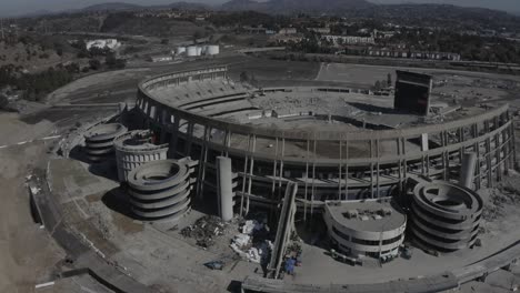 Aerial-Shot-Of-Construction-Crews-Tearing-Down-Qualcomm-Stadium-Destruction-Demolition-San-Diego-Chargers-Football-Field