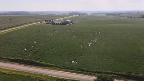 Aerial-Drone-Footage-Storm-Damaged-Grain-Elevators-Destroyed-By-High-Winds-And-Bad-Weather,-Midwest-Farm-Country,-Iowa