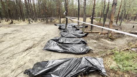 Leichensäcke-Und-Massengräber-Deuten-Auf-Russische-Kriegsverbrechen-In-Einem-Wald-In-Izium,-Ukraine,-Nach-Der-Befreiung-Der-Region-Hin