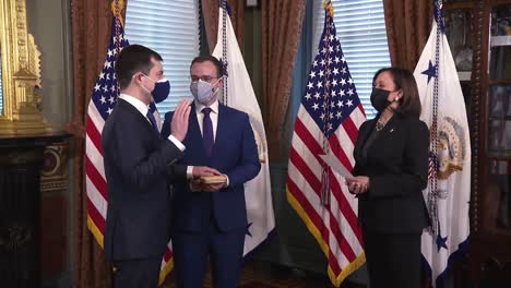 Us-Vice-President-Kamala-Harris-Swears-In-Transportation-Secretary-Pete-Buttigieg,-Chasten-Glezman-Looks-On