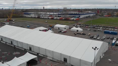 Drone-Aerial-Minnesota-State-Fairgrounds-Community-Vaccination-Center-During-The-Covid-19-Pandemic,-Mn