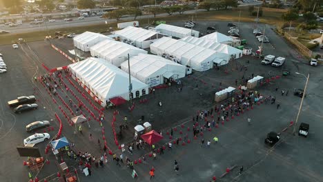 Aerial-Drone-Of-Dod-Support-Of-A-Miami,-Florida-Community-Vaccination-Center-During-The-Covid-19-Pandemic