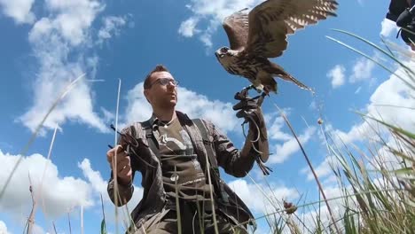 Un-Cetrero-Utiliza-Un-Ave-De-Rapiña-Para-Mantener-A-Las-Aves-Silvestres-Alejadas-De-Los-Aviones-De-Vigilancia-Del-Aire-Báltico-De-La-Otan-En-La-Base-Aérea-De-Sialuiai,-Lituania