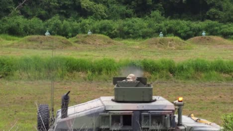 Aerial-Drone-Footage-Of-Humvees-25Th-Transportation-Battalion-Soldiers-Practice-Shooting-Targets,-Convoy-Live-Machine-Gun-Fire-Training-Exercise,-Korea