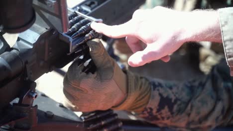 Close-Ups-And-Drone-Aerials,-Us-Marine-Live-Fire-Training,-Using-Maching-Guns-Mounted-On-Tactical-Vehicles-In-The-Desert