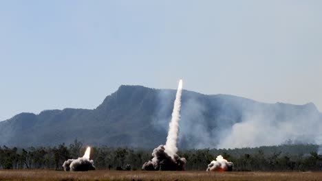 Slow-Motion,-High-Mobility-Artillery-Rocket-System-And-Himars-Launch-A-Barrage-Of-Rockets,-Exercise-Talisman-Sabre