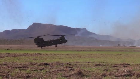 Australian-Defense-Force-Soldiers-And-Us-Marines-Fly-Heavy-Lift,-Twin-Rotor-Helicopters,-Exercise-Talisman-Sabre-21