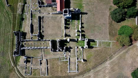 Vertical-aerial-view-of-the-Cluniac-Priory-ruins-at-Castle-Acre,-Norfolk,-UK