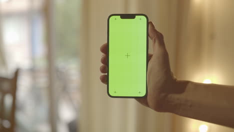 Nahaufnahme-Der-Hand,-Die-Das-IPhone-13-Pro-Mit-Chroma-Key-Hintergrund-Vor-Gemütlichem-Hintergrund-Hält