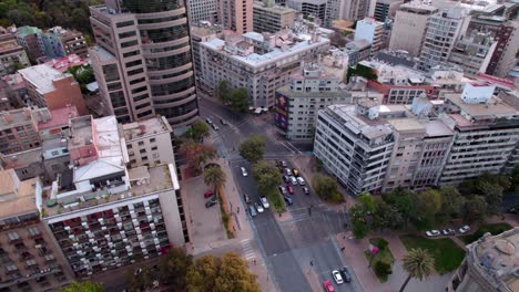 Zoom-Out,-Aerial-Drone-Above-Metropolitan-Santiago-de-Chile,-Museum-of-Fine-Arts-Parque-Forestal-in-the-Historical-Center-of-the-Andean-Latin-American-Capital-City