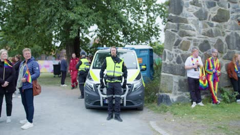 Special-forces-of-Police-guarding-Oslo-Pride-2022-movement,-front-view