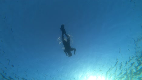 Ansicht-Unten-Männlicher-Freitaucher,-Der-Auf-Offener-See-An-Der-Oberfläche-Schwimmt