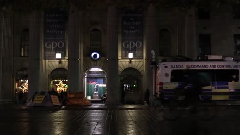 Still-shot-wide-of-tents-on-O'Connell-street-Dublin-at-night,-this-was-a-protest-or-hunger-strike