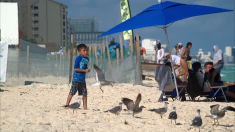 Niño-Latino-Joven-Alimentando-A-Las-Gaviotas-En-La-Playa-En-Cancun