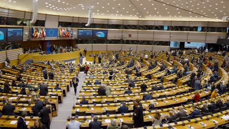 Members-of-the-European-Parliament-leaving-hemicycle-room-after-EU-plenary-session-in-Brussels,-Belgium