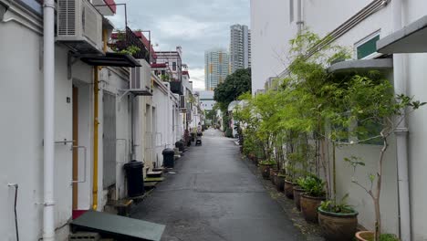 Lady-pushes-pram-at-back-alley-of-Tiong-Bahru,-Singapore