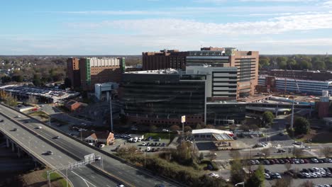 Reverse-Aerial-of-Atrium-Health-Wake-Forest-Baptist,-Brenner-Children's-Hospital-in-Winston-Salem,-NC