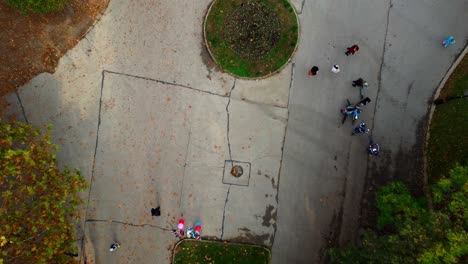 Top-down-aerial-view-of-people-in-the-Sea-garden-of-Varna,-Bulgaria