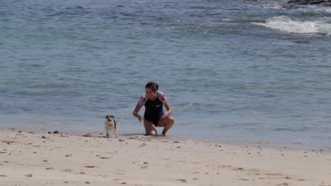 Perro-Corriendo-Y-Siendo-Juguetón-Con-La-Dueña-En-La-Playa