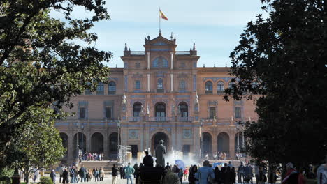 Facade-of-Building-at-Plaza-de-España-Seen-From-Maria-Luisa-Park-SLOMO