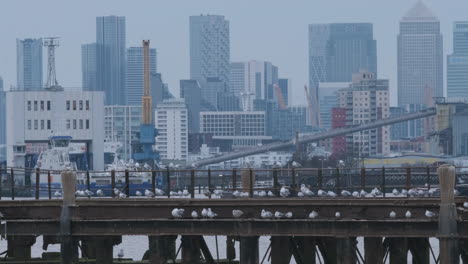 River-Thames-Industry-with-Canary-Wharf-in-background,-Bleak-London-Cityscape