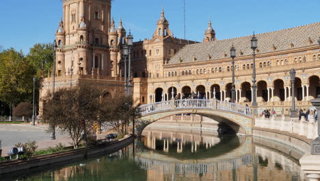 Bridge-over-the-Artificial-Canal-at-Plaza-de-España-in-Seville,-Spain