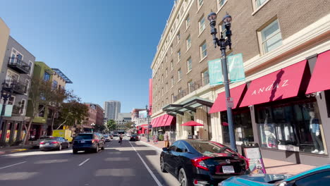 Driving-through-downtown-San-Diego-in-the-Gaslamp-Quarter