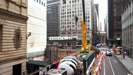 Street-level-shot-of-a-construction-site-in-Manhattan,-New-York-city---Aerial-view