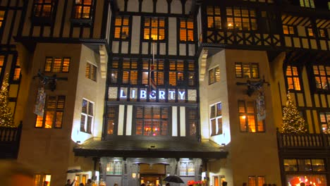 Facade-And-Main-Entrance-Of-Liberty-Department-Store-At-Night-Along-Great-Marlborough-Street-During-Christmas-Season-In-London,-UK