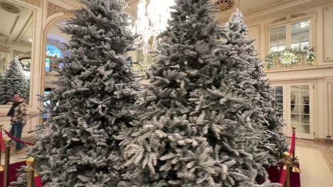 Christmas-trees-with-artificial-frost-on-display-in-the-lobby-of-the-Plaza-Hotel,-New-York-City---orbiting-view