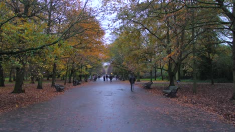 Schuss-Von-Einheimischen-Zu-Fuß-über-Die-Straße-Durch-Den-Regent&#39;s-Park-In-London,-England-An-Nassen-Bewölkten-Tag-Während-Der-Herbstsaison