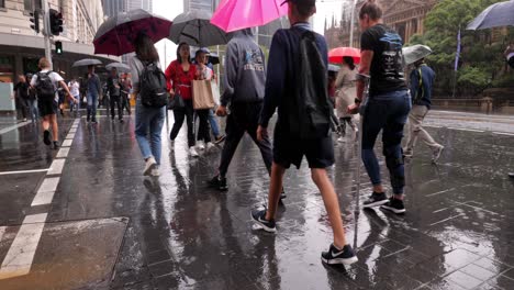 Pedestrian-crossing-heavy-rain,-city-reflections-locked-down-low-wide-angle