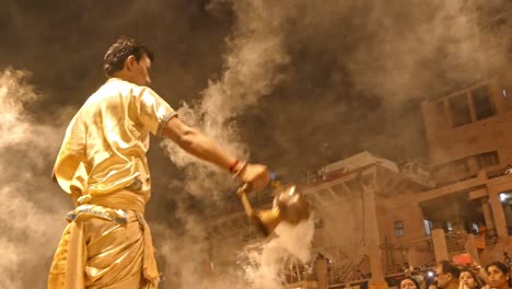 Indian-Yogis-doing-Ganga-Aarti-in-Varanasi,-India