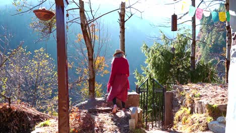 Mujer-Turista-En-Una-Pequeña-Cabaña-Durante-Las-Vacaciones-De-Verano-En-El-Parque-Forestal-De-Montaña-Cerca-De-Manali,-India