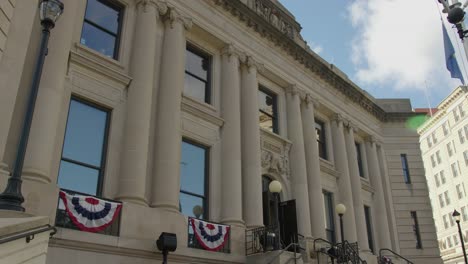 Wide,-Low-Angled-Shot-of-the-Old-Town-Hall-in-Stamford,-Connecticut