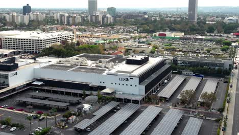 Aerial-View-of-CBS-Television-City-Studios,-Fairfax,-Los-Angeles-USA