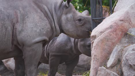 Spitzmaulnashorn-Mutter-Und-Ihr-Kalb-Ernähren-Sich-Von-Heu-In-Der-Zooausstellung