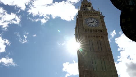 Looking-Up-At-Big-Ben-Clock-Tower-With-Star-Shaped-Sun-Flares-From-Behind