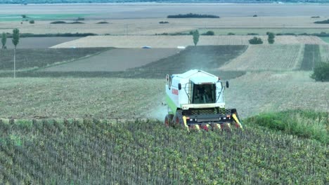 Large-Combine-Harvester-collecting-grain-of-field-during-daytime---aerial-view---Cars-and-Trucks-on-rural-road-in-background--Romania,Europe