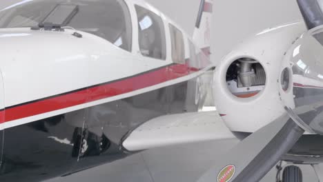 Close-Up-Engine,-Propeller-and-Fuselage-of-Twin-Airplane-Piper-Seneca