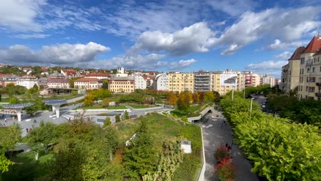 Establishing-shot-of-Millenáris-Park,-Budapest,-Hungary-on-a-sunny,-cloudy-autumn-day