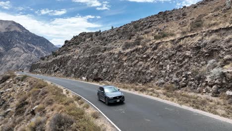 Tiro-Aéreo-Bajo-De-Un-Camión-Mazda-En-Movimiento-A-Lo-Largo-De-Un-Camino-Rural-Con-Rocas,-Colinas-Y-Cactus-En-Las-Montañas-De-Perú-América-Del-Sur