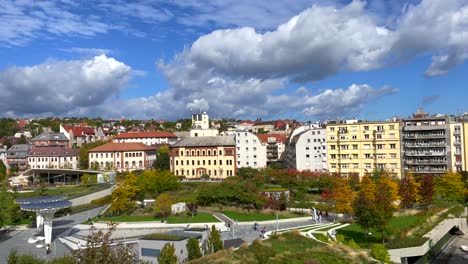 Establishing-shot-of-Millenáris-Park,-Budapest,-Hungary-on-a-sunny,-cloudy-autumn-day